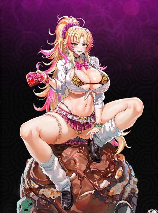 barbariana_(last_origin) barbariana_(naughty_gal_barbariana-san)_(last_origin) blonde_hair breasts green_eyes gyaru large_breasts last_origin ponytail qtenka sitting thick_thighs thighs underwear