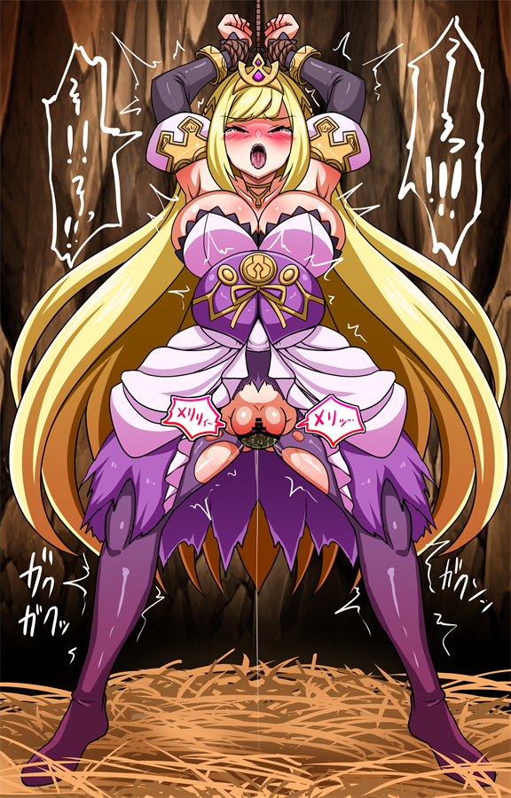 1girl armpits bar_censor blonde_hair blush breasts cave censored chelle_(dragalia_lost) closed_eyes collarbone crown detached_sleeves dragalia_lost giving_birth hay large_breasts long_hair open_mouth pantyhose pregnant pussy pussy_juice restrained rope skirt tongue tongue_out torn_clothes torn_pantyhose yagami_(mukage)