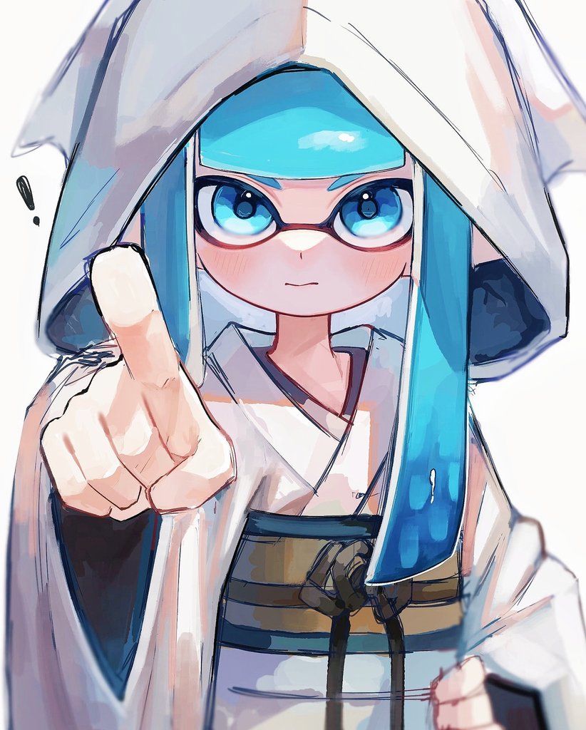 ! 1girl asymmetrical_hair blue_eyes blue_hair blunt_bangs blunt_ends closed_mouth commentary_request hand_on_own_hip hat inkling inkling_girl inkling_player_character japanese_clothes kimono kodak_painter long_hair nintendo pointing pointing_at_viewer pointy_ears shiromuku simple_background solo splatoon_(series) splatoon_3 squid_hat tentacle_hair uchikake wataboushi white_background