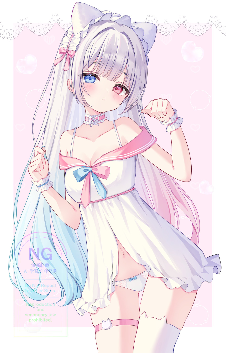 1girl animal_ear_legwear animal_ears bare_shoulders blue_bow blue_eyes blue_nails blunt_bangs blush border bow bow_panties breasts cat_ear_legwear cat_ears choker cleavage closed_mouth commentary_request commission cowboy_shot dress frilled_choker frills hands_up heterochromia highres indie_virtual_youtuber long_hair looking_at_viewer nail_polish navel off-shoulder_dress off_shoulder outside_border panties paw_pose pink_background pink_choker red_eyes single_thighhigh skeb_commission solo suineco thighhighs underwear virtual_youtuber watermark white_border white_dress white_hair white_panties white_thighhighs wrist_cuffs yumesaki_yun