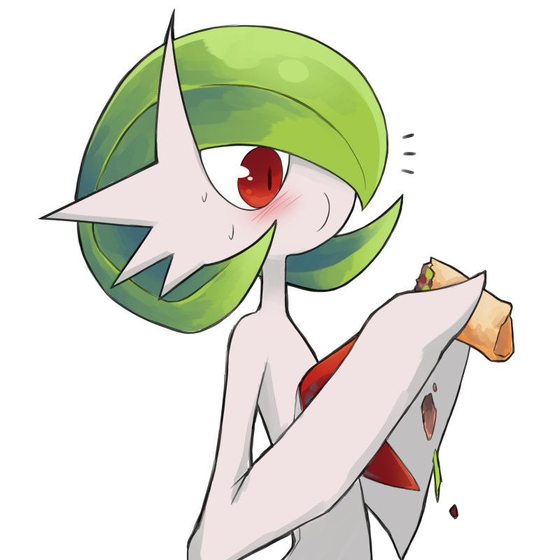 blush burrito dmt_(auburn) eating food food_in_mouth gardevoir gen_3_pokemon holding holding_food mega_gardevoir mega_pokemon nintendo pokemon pokemon_(creature) simple_background sweatdrop white_background