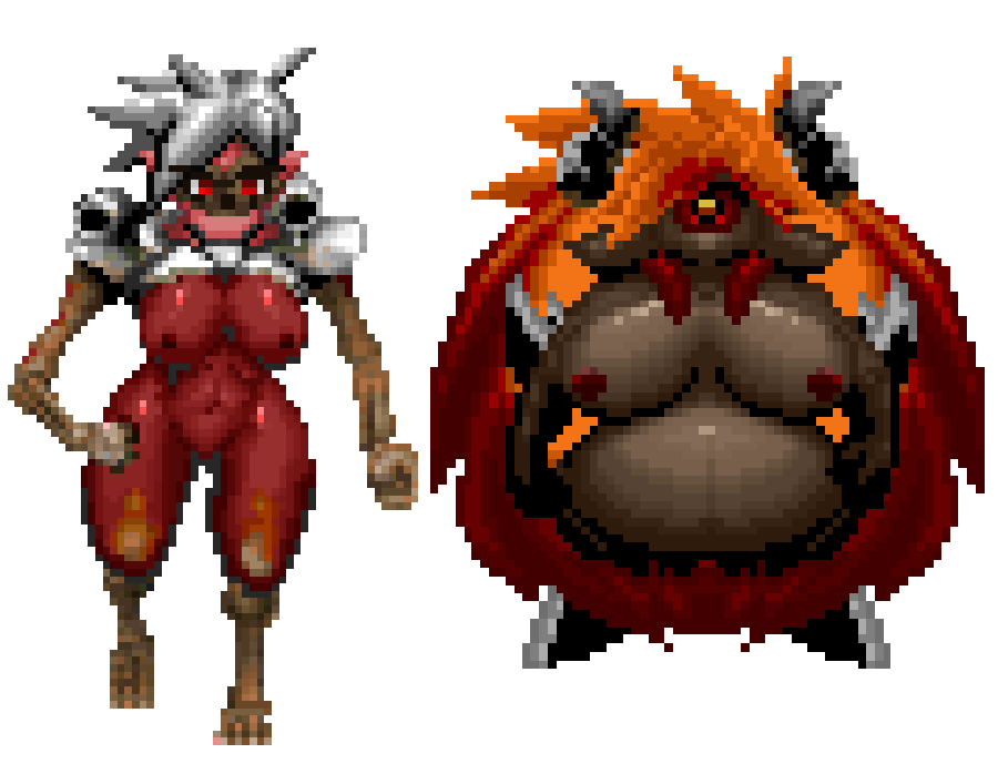 2girls breasts curvy doom_(series) doom_i fire hdoom id_software large_breasts monster_girl multiple_girls nude pain_elemental pregnant red_eyes revenant_(doom) sprites