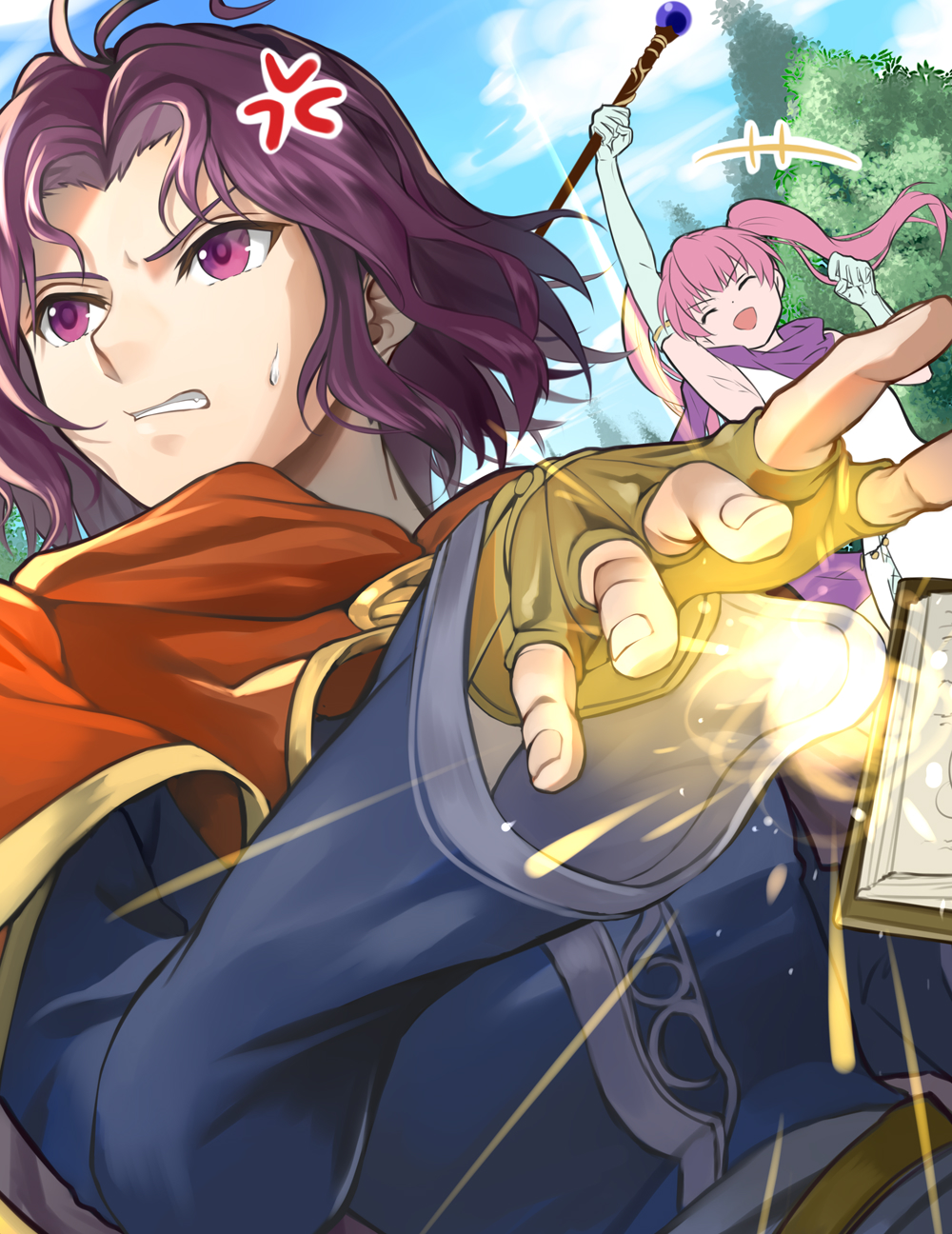 1boy 1girl delsaber elbow_gloves erk_(fire_emblem) fire_emblem fire_emblem:_the_blazing_blade gloves highres holding holding_staff magic nintendo outdoors pink_hair purple_eyes purple_hair serra_(fire_emblem) staff twintails