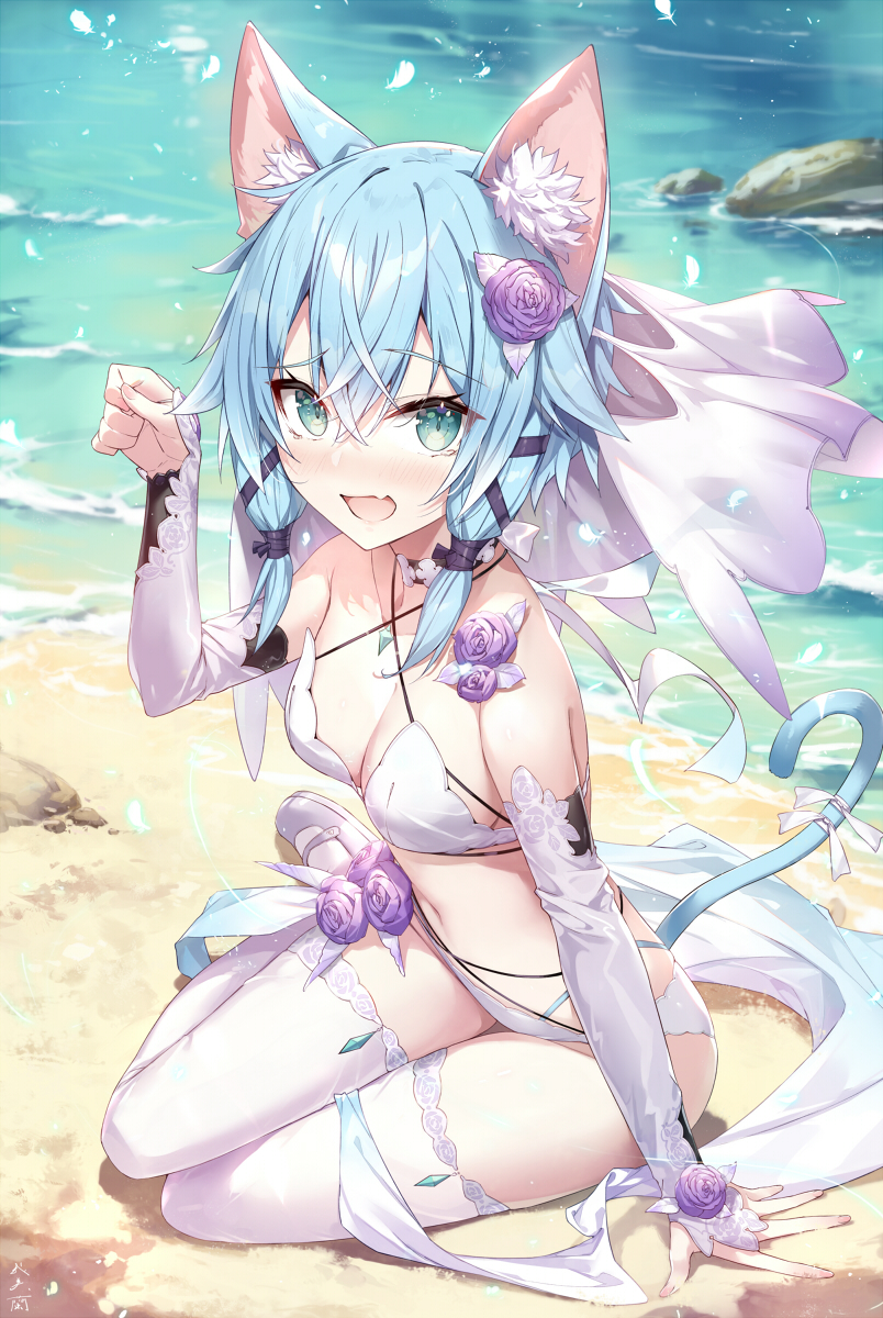 1girl animal_ear_fluff animal_ears aqua_eyes beach bikini blue_hair breasts cat_ears cat_girl cat_tail cleavage elbow_gloves fairy fairy_(sao) fingerless_gloves flower_ornament gabiran gloves hair_ornament highres medium_breasts navel ocean open_mouth sand sinon sinon_(sao-alo) sitting slit_pupils solo swimsuit sword_art_online tail thigh_gap thighhighs white_bikini white_footwear white_thighhighs