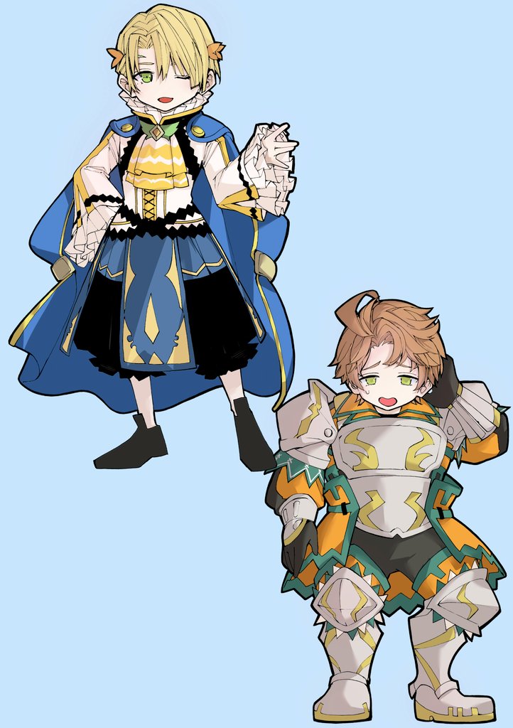 2boys alfred_(fire_emblem) armored_boots ascot blonde_hair blue_cape boots boucheron_(fire_emblem) brown_hair cape circlet fire_emblem fire_emblem_engage gem green_eyes grey_armor konnichi_warou multiple_boys nintendo orange_gemstone orange_shirt prince shirt yellow_ascot