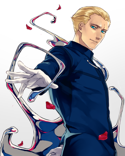 01rosso 1boy arm_behind_back bad_id bad_pixiv_id blonde_hair blue_eyes fate/zero fate_(series) gloves hair_slicked_back kayneth_el-melloi_archibald male_focus mercury_(element) petals rose_petals short_hair smile solo volumen_hydragyrum_(fate) white_gloves