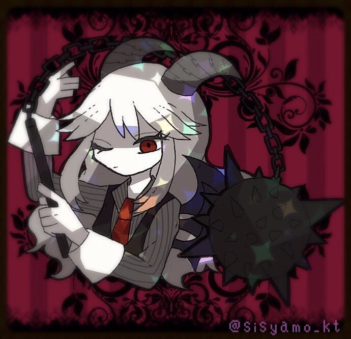 1girl artist_name ball_and_chain_(weapon) demon_girl demon_horns demon_wings flail formal_clothes funamusea haiiro_teien hair_between_eyes holding holding_flail horns long_hair long_sleeves looking_at_viewer multiple_wings necktie one_eye_closed otogiccochan pale_skin red_eyes red_necktie reficul_(funamusea) shirt solo spike_ball spiked_ball_and_chain suit weapon white_hair wings