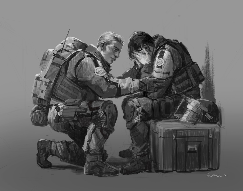 2boys boots commentary_request doc_(rainbow_six_siege) from_side gloves grey_background greyscale hands_on_own_face helmet jacket knee_pads kneeling lion_(rainbow_six_siege) long_sleeves looking_at_another male_focus military_combat_uniform military_uniform monochrome multiple_boys pouch radio_antenna rainbow_six_siege shadow short_hair signature simple_background sitting sun_stark thigh_pouch unworn_headwear unworn_helmet
