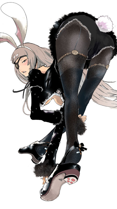 1girl animal_ears ass bent_over breasts cleavage eyepatch fake_animal_ears female_focus high_heels large_breasts long_hair maeda_hirotaka mole mole_under_eye original pantyhose rabbit_ears rabbit_tail shoes solo tail