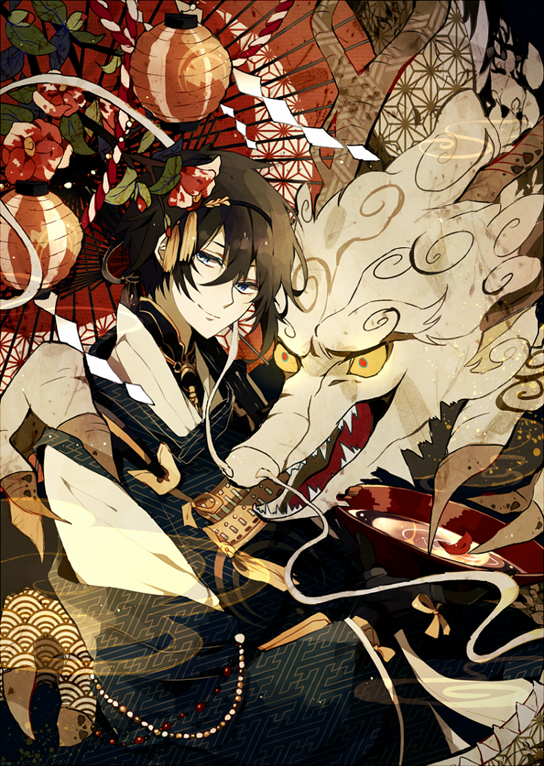 10s 1boy asa_no_ha_(pattern) black_hair blue_eyes cup dragon eastern_dragon flower horns japanese_clothes lantern looking_at_viewer male_focus mikazuki_munechika multicolored_flower oil-paper_umbrella paper_lantern sagatsu_(miicat) sakazuki satsuki_(miicat) sayagata seigaiha smile solo touken_ranbu umbrella unmoving_pattern