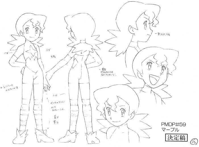 1girl aged_down character_name hand_on_own_hip japanese_text jenny_(pokemon) marble_(pokemon) official_art pokemon pokemon_(anime) pokemon_dp059 pokemon_dppt_(anime) reference_sheet shoes smile spandex striped_clothes striped_thighhighs thighhighs