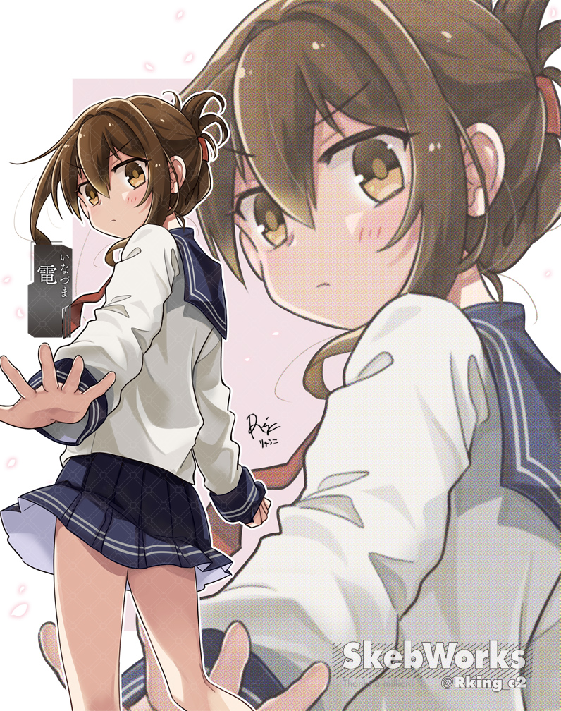 1girl black_sailor_collar black_skirt brown_eyes brown_hair feet_out_of_frame folded_ponytail from_behind inazuma_(kancolle) kantai_collection looking_at_viewer looking_back neckerchief pleated_skirt r-king red_neckerchief sailor_collar sailor_shirt school_uniform serafuku shirt skirt solo standing watermark watermark_grid white_shirt zoom_layer