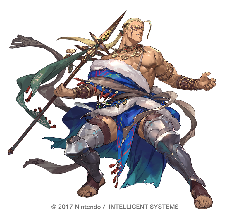 1boy armlet bare_pectorals blonde_hair dark-skinned_male dark_skin facial_tattoo fighting_stance fire_emblem fire_emblem:_the_binding_blade fire_emblem_heroes full_body fur_trim gold_necklace hawkeye_(fire_emblem) holding holding_polearm holding_weapon jewelry lance large_pectorals leg_armor long_hair male_focus muscular muscular_male necklace nintendo nipples official_art pectorals polearm ponytail sandals so-taro solo tattoo thick_thighs thighs toes weapon white_background
