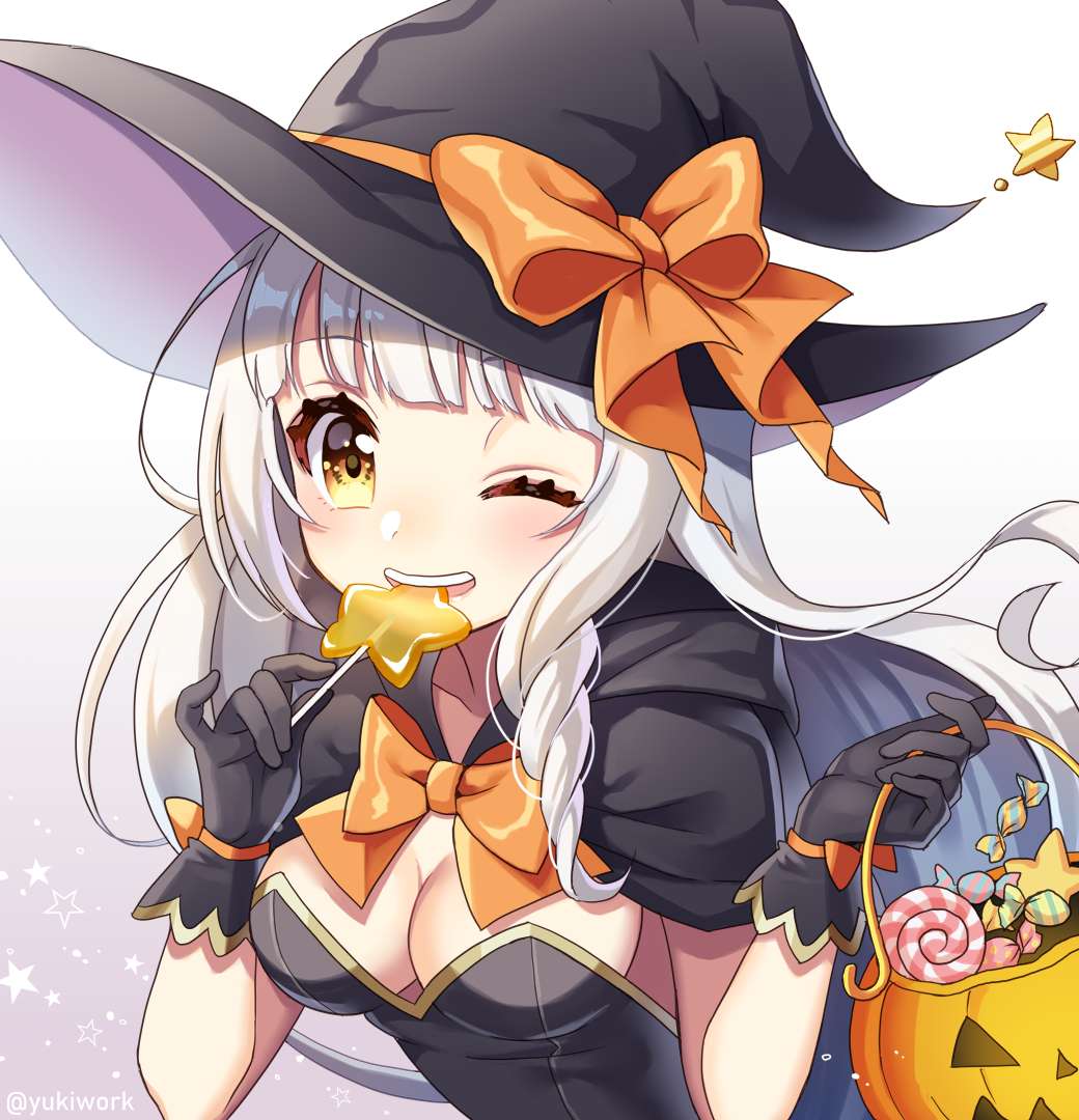 1girl black_cape black_dress black_gloves black_hat bow breasts candy cape cleavage commentary dress eating english_commentary food gloves halloween halloween_bucket hat hat_bow holding holding_candy holding_food holding_lollipop hood hooded_cape leaning_forward lollipop long_hair looking_at_viewer medium_breasts mixed-language_commentary one_eye_closed open_mouth orange_bow original smile solo strapless strapless_dress twitter_username upper_body white_hair witch witch_hat yellow_eyes yukinko_(yukiwork)