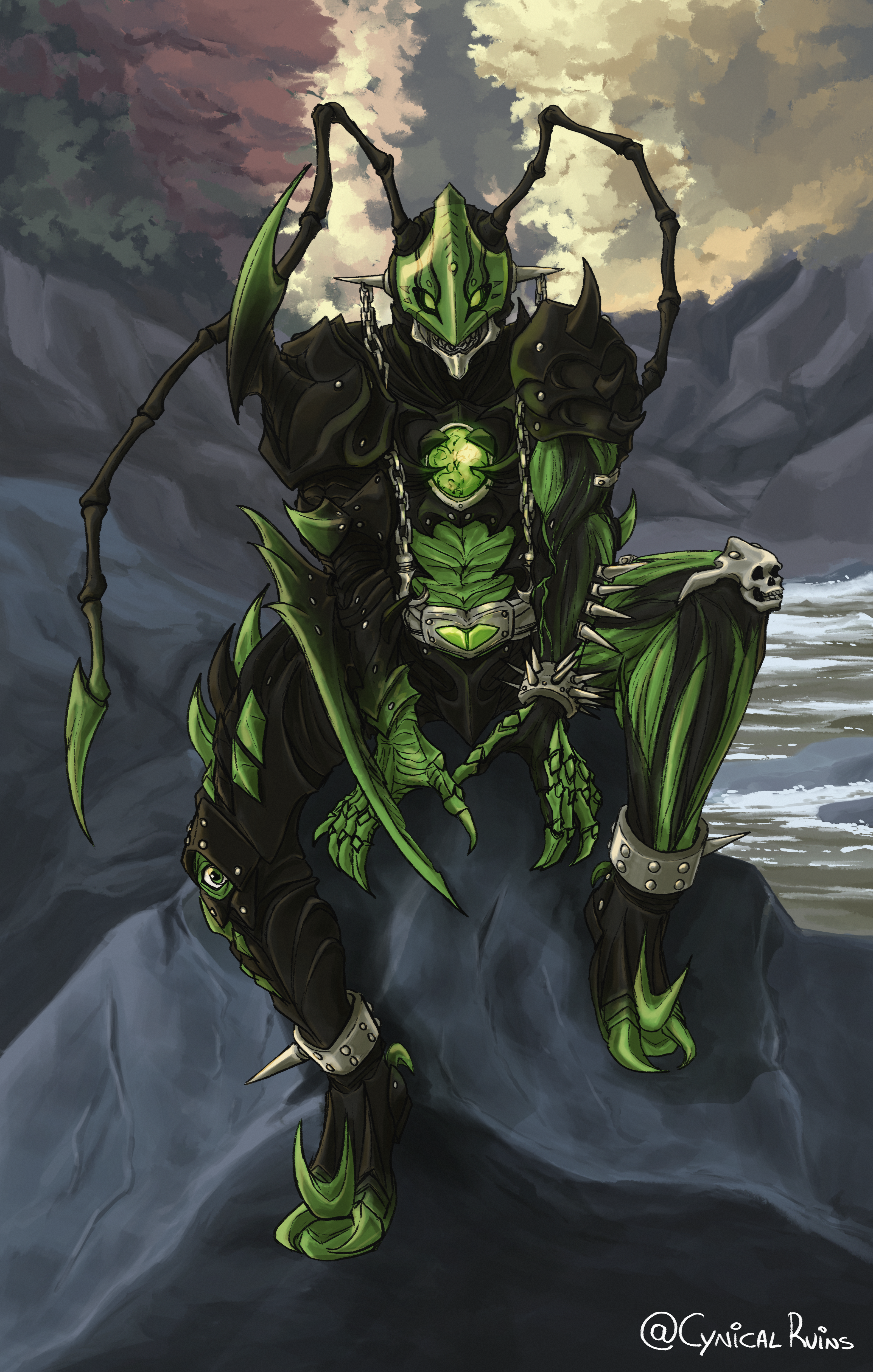 1boy absurdres antennae armor aurora_(cynicalruins) bracelet claws colored_skin green_eyes green_skin highres jewelry joker_(blade) kamen_rider kamen_rider_blade_(series) looking_at_viewer monster no_humans outdoors shoulder_armor sitting spiked spiked_bracelet spikes tokusatsu twitter_username