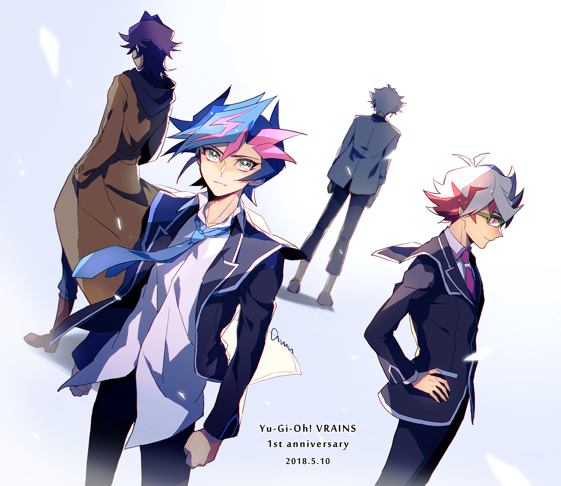 4boys amano_(amn_0w0) arms_at_sides bad_id bad_pixiv_id black_jacket black_pants blue_eyes blue_hair blue_necktie brown_jacket clenched_hands coat colored_bangs dappled_sunlight dated denim dress_shirt english_text facing_away facing_to_the_side facing_viewer fujiki_yusaku glasses green_eyes grey_jacket hands_in_pockets hands_on_own_hips homura_takeru hood hoodie jacket jeans kogami_ryoken kusanagi_shouichi looking_at_viewer looking_to_the_side looking_up male_focus multicolored_hair multiple_boys necktie open_clothes open_jacket pants peacoat purple_hair purple_hood purple_hoodie red_necktie school_uniform semi-rimless_eyewear shirt smile spiked_hair streaked_hair sunlight trench_coat untucked_shirt white_background white_hair white_shirt yu-gi-oh! yu-gi-oh!_vrains