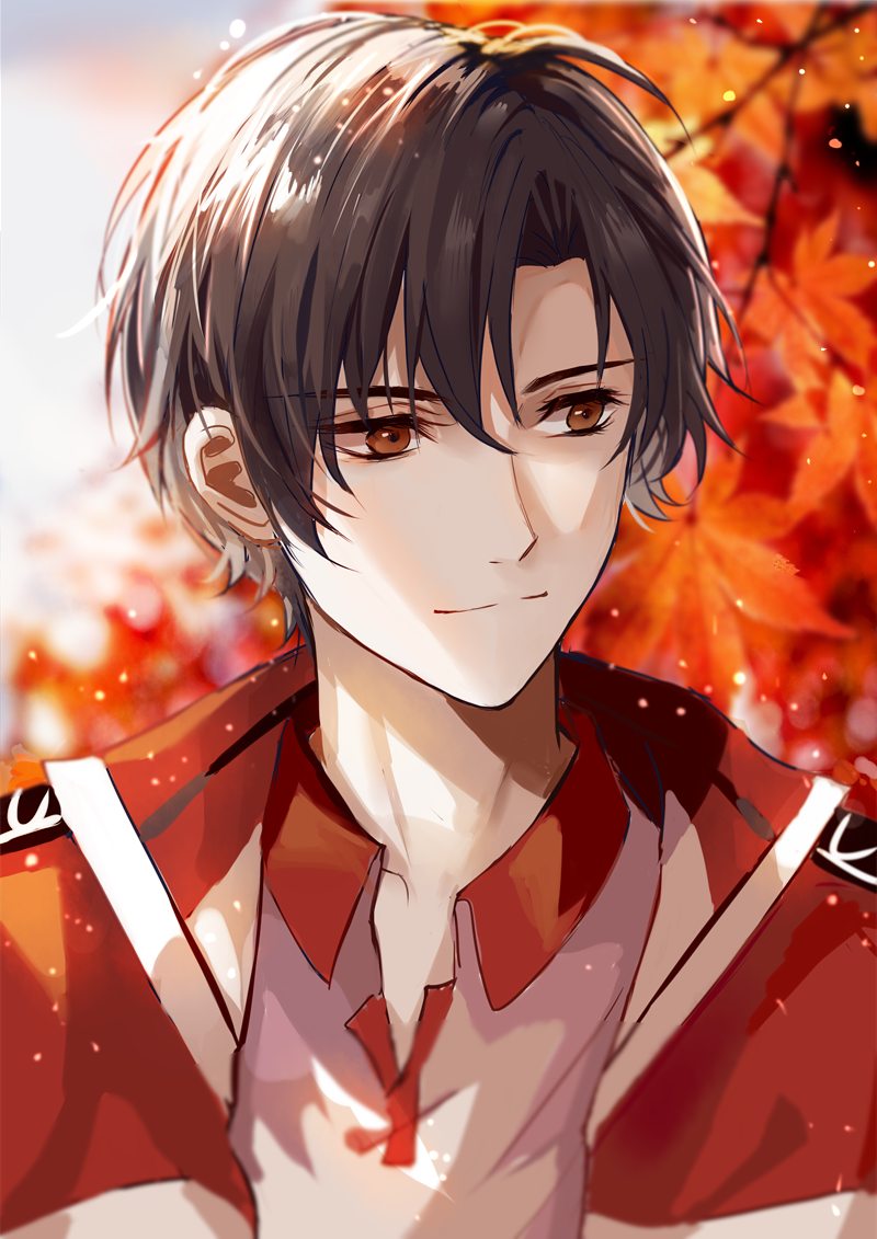1boy aguaaaaaa autumn autumn_leaves black_hair blurry blurry_background branch brown_eyes brown_hair chinese_commentary closed_mouth hair_between_eyes jacket leaf light_particles looking_to_the_side male_focus maple_leaf maple_tree multicolored_jacket open_clothes open_jacket outdoors parted_bangs polo_shirt quan_zhi_gao_shou red_jacket shirt short_hair smile solo tree upper_body white_shirt ye_xiu
