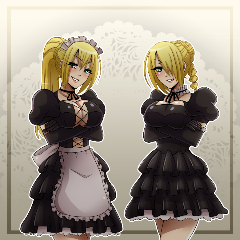 2girls beelzebub_(manga) blonde_hair braid breasts choker dangerousbride dress gloves green_eyes hilda_(beelzebub) large_breasts maid maid_headdress multiple_girls siblings sisters smile tagme yolda_(beelzebub)