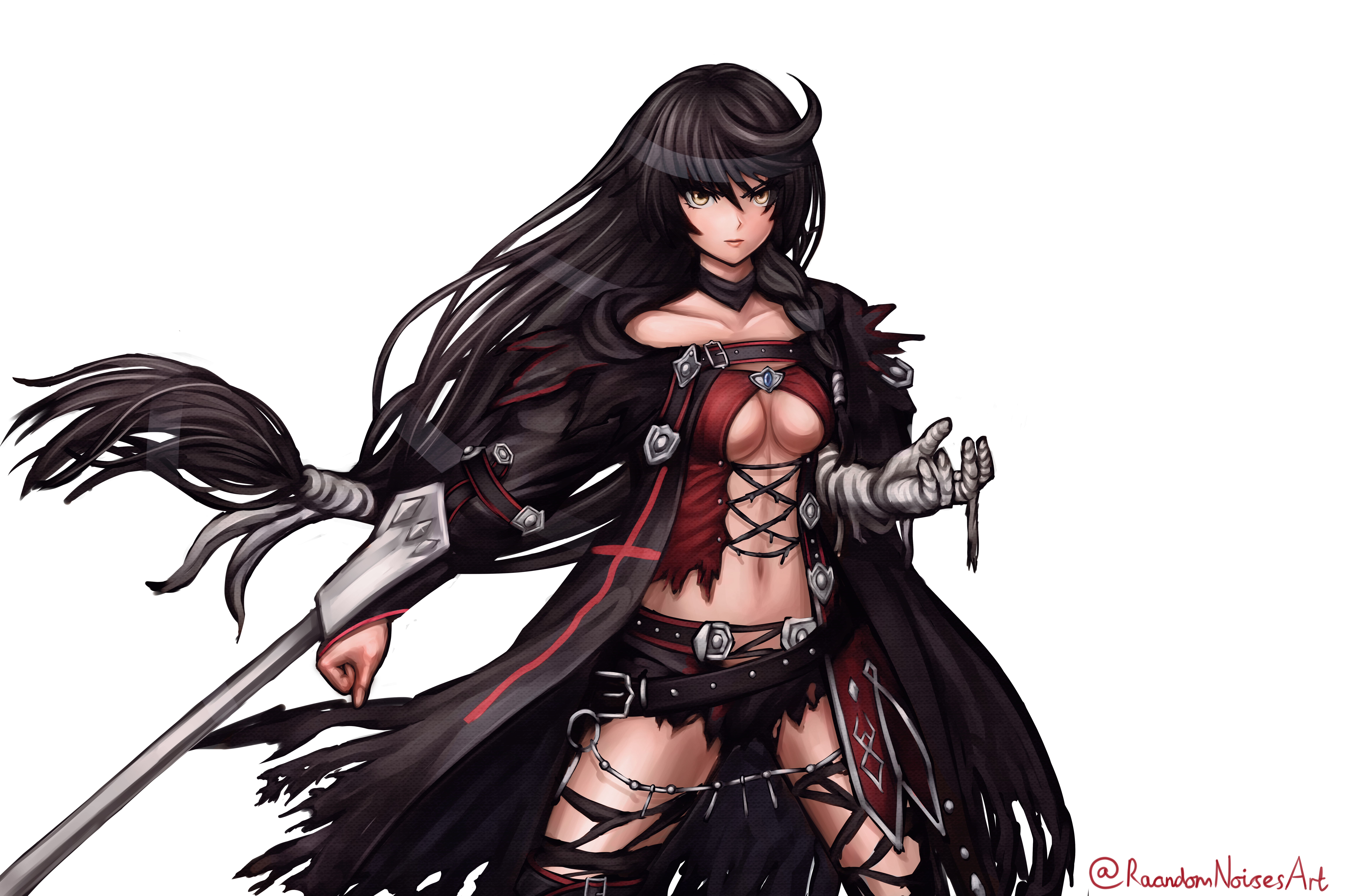 1girl absurdres artist_name bandaged_arm bandages black_choker black_hair braid breasts choker collarbone cowboy_shot hair_between_eyes highres looking_at_viewer medium_breasts navel pointy_ears randomnoisesart shorts solo standing tales_of_(series) tales_of_berseria thighhighs thighs torn_clothes torn_shorts torn_thighhighs transparent_background underboob velvet_crowe yellow_eyes