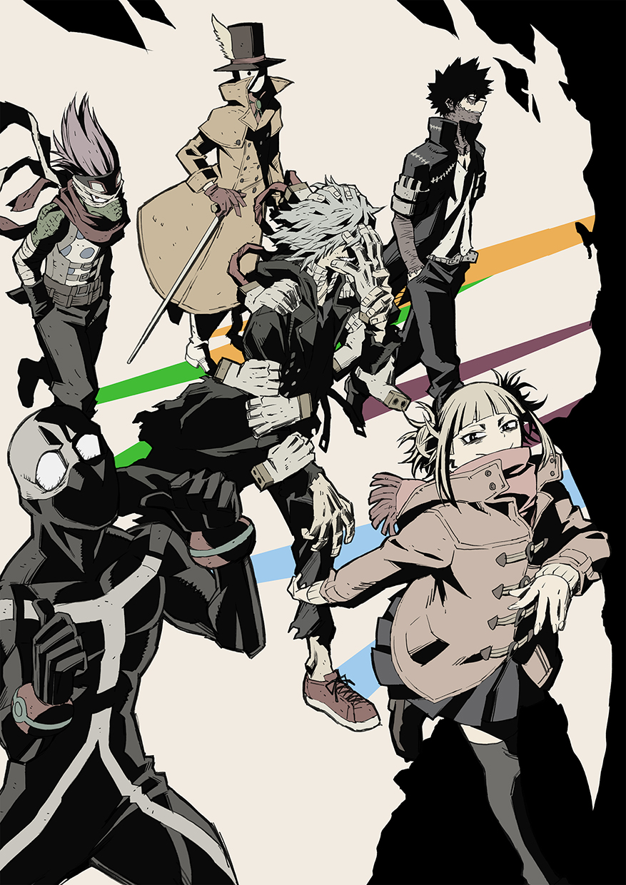 1girl 5boys alternate_eye_color annoyed bags_under_eyes bandaged_arm bandages bare_shoulders belt black_eyes black_hair black_headwear black_jacket black_pants black_shirt blonde_hair blue_hair blunt_bangs bodysuit boku_no_hero_academia bolo_tie boots bright_pupils brooch bubaigawara_jin burn_scar buttons cane cel_shading cheek_piercing coat colored_shadow covered_eyes covered_face dabi_(boku_no_hero_academia) disembodied_hand double-breasted double_bun ear_piercing eye_mask face_piercing flat_color floating_hair floating_scarf fringe_trim furry furry_male gloves goggles goggles_on_head green_scales grin hair_bun hand_up hands_in_pocket hands_up hat hat_feather high_contrast highres holding holding_cane holding_limb hood hood_down hooded_jacket jacket jewelry key_visual light_blue_hair light_purple_hair lizardman long_shadow long_sleeves looking_at_viewer looking_away mask messy_hair mr._compress multiple_boys multiple_scars muted_color narrowed_eyes official_art outstretched_arm overcoat pants parted_lips piercing pink_scarf pleated_skirt polka_dot polka_dot_shirt popped_collar profile promotional_art red_footwear red_gloves red_scarf reptile_boy scar scar_on_arm scar_on_face scar_on_neck scarf scowl shadow shigaraki_tomura shirt shoes short_hair sidelocks sideways_mouth skirt sleeveless sleeveless_shirt slit_pupils slouching smile sneakers spiked_hair spinner_(boku_no_hero_academia) surrounded_by_hands thighhighs thumbs_up toga_himiko toggles toned toned_male top_hat walking white_footwear white_mask white_pupils winter_clothes winter_coat