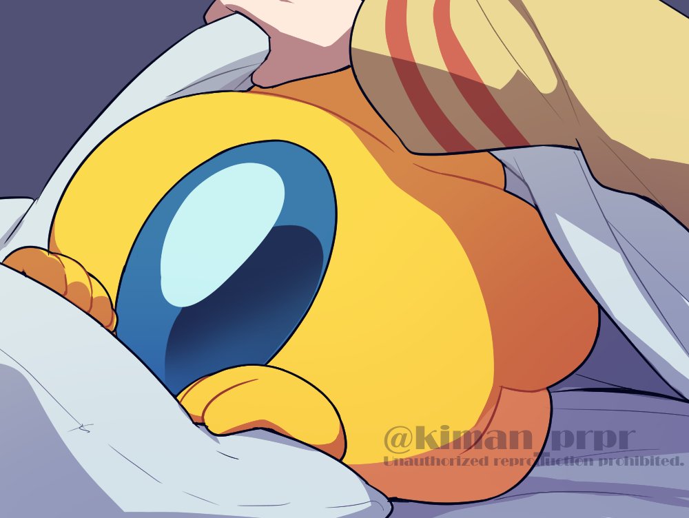 among_us blanket commentary_request crewmate_(among_us) dark_background holding holding_blanket kiman lying on_side original out_of_frame pajamas pillow pov rayman_limbs spacesuit striped_clothes striped_pajamas they_(kiman) twitter_username watermark yellow_(among_us) yellow_pajamas