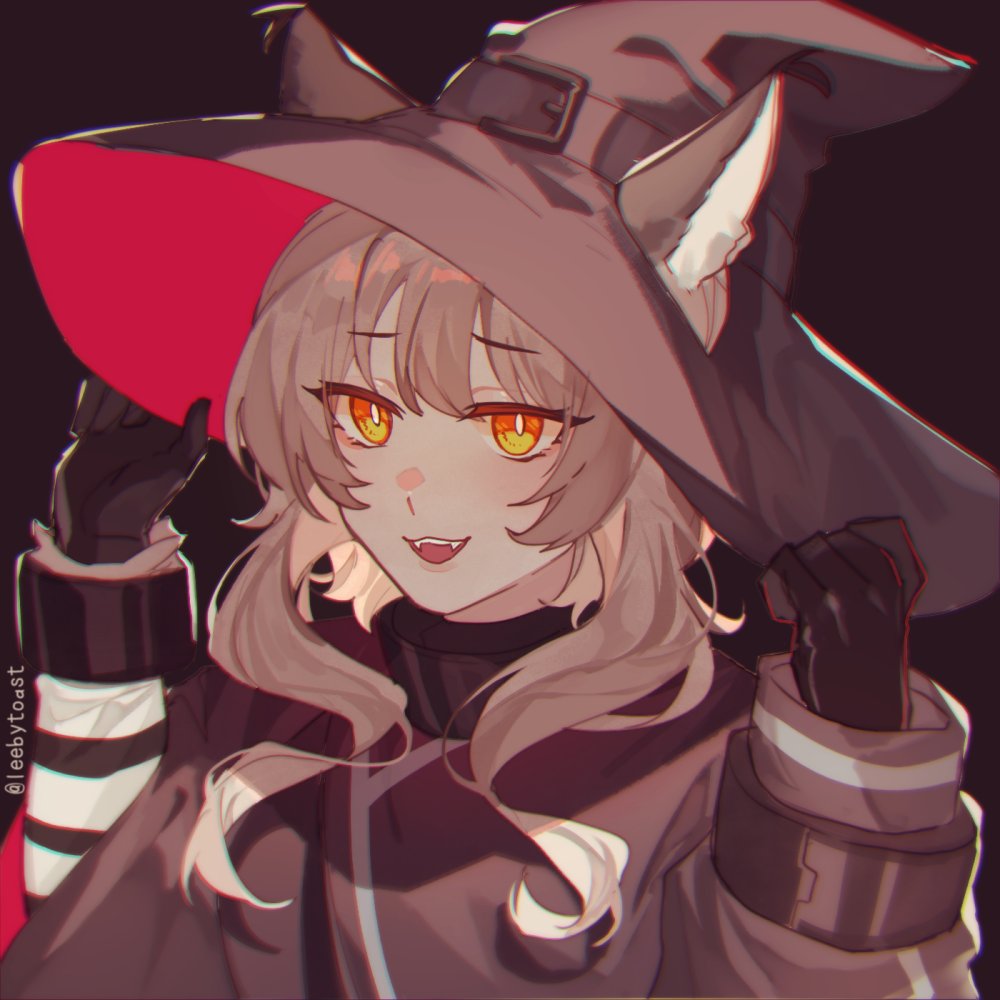 1girl :d animal_ear_fluff arknights black_background black_gloves brown_hair brown_hat brown_jacket commentary ears_through_headwear fangs gloves hands_on_headwear hands_up hat haze_(arknights) jacket leebytoast long_sleeves looking_at_viewer open_mouth orange_hair puffy_long_sleeves puffy_sleeves sleeves_past_wrists smile solo twitter_username upper_body witch_hat