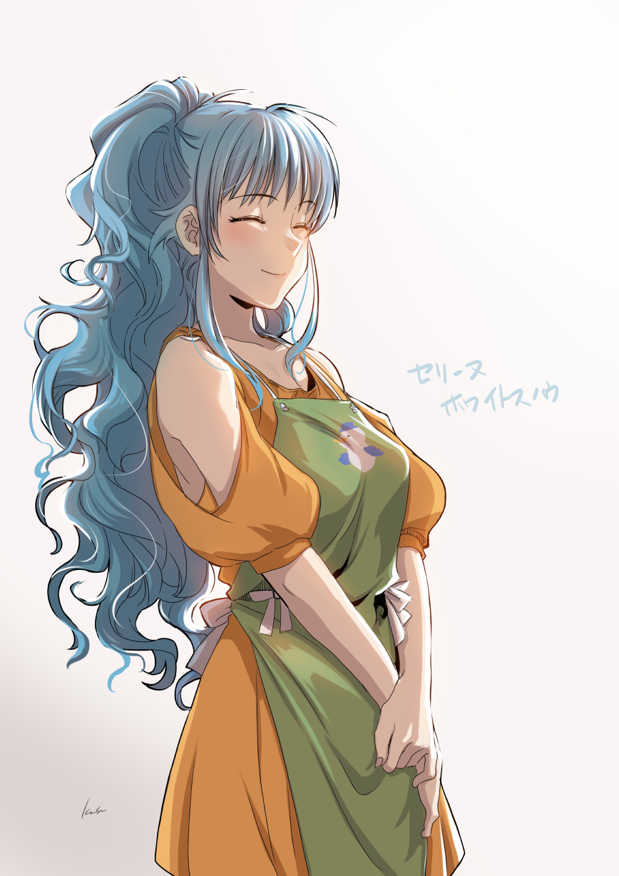 1girl apron blue_hair celine_whitesnow closed_eyes dress highres kusu_(moo1225) long_hair orange_dress simple_background smile solo standing white_background yuukyuu_gensoukyoku