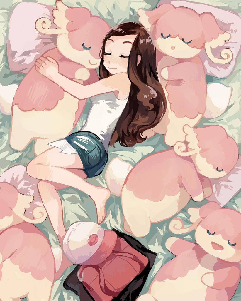 1girl audino bag barefoot brown_hair closed_eyes closed_mouth commentary_request denim denim_shorts elizabeth_(tomas21) from_above gen_5_pokemon hat hilda_(pokemon) long_hair lying nintendo on_side pillow pokemon pokemon_(creature) pokemon_bw shirt short_shorts shorts sidelocks sleeping sleeveless sleeveless_shirt smile u_u unworn_bag unworn_hat unworn_headwear unworn_vest vest white_shirt