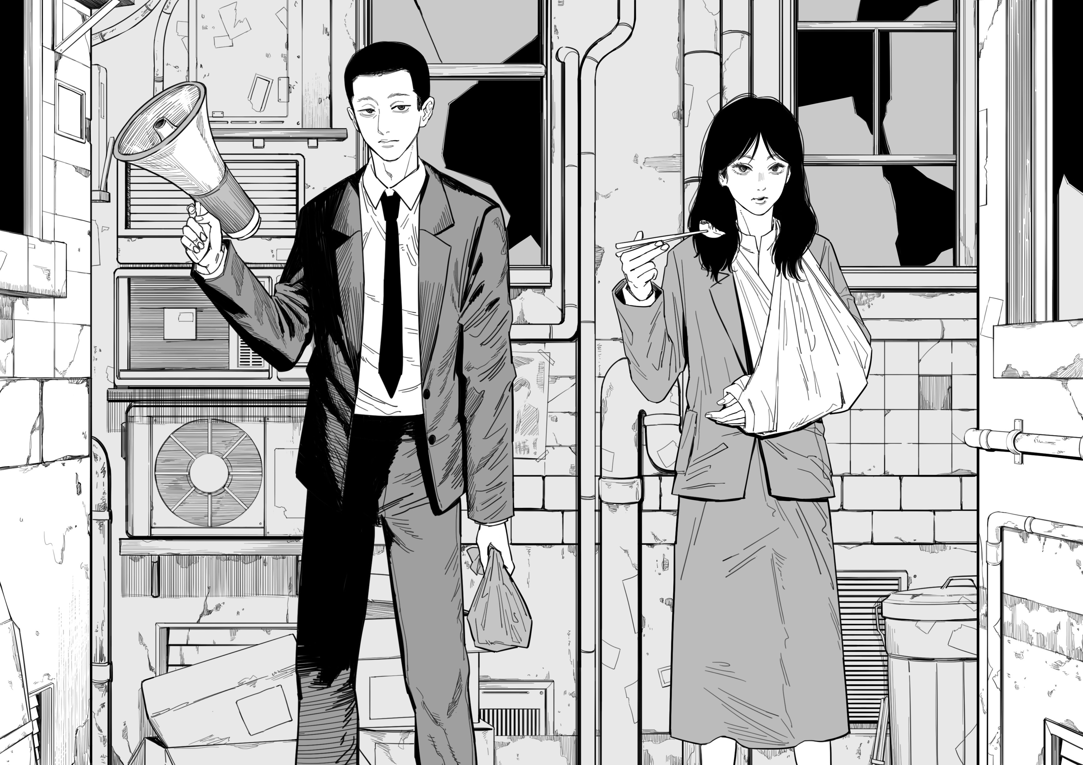 1boy 1girl absurdres arm_cast arm_sling bag broken_window buzz_cut chinese_commentary chopsticks commentary_request condenser_unit dumpling food formal_clothes greyscale highres holding holding_bag holding_chopsticks holding_megaphone jacket kiunchiku medium_hair medium_skirt megaphone monochrome necktie sebumi_takeru short_hair skirt spec suit touma_saya trash_can very_short_hair