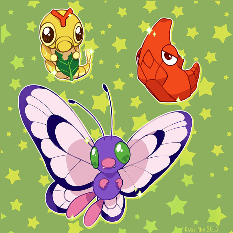 alternate_color animal_focus antennae artist_name bug butterfly butterfree caterpie caterpillar colored_sclera commentary dated english_commentary evolutionary_line fangs full_body gen_1_pokemon green_background green_eyes insect kaceymeg metapod nintendo no_humans pokemon pokemon_(creature) shiny_pokemon star_(symbol) wings yellow_sclera