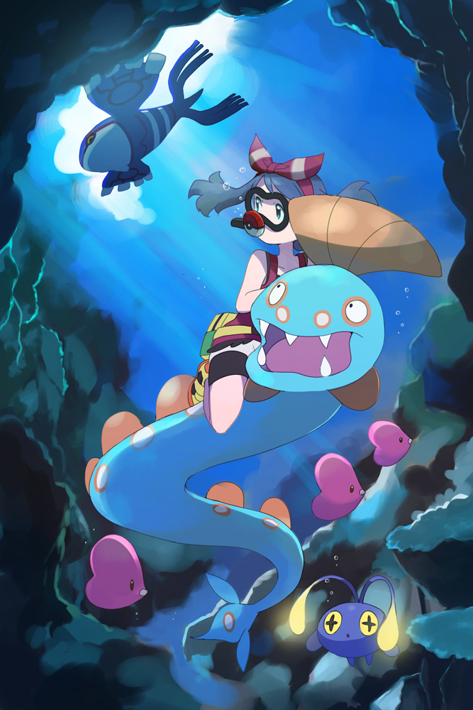 1girl air_bubble bag bike_shorts bike_shorts_under_shorts blue_eyes bow bow_hairband brown_hair bubble chinchou commentary_request fangs fanny_pack game_freak gen_2_pokemon gen_3_pokemon goggles hairband huntail kyogre legendary_pokemon light_rays luvdisc may_(pokemon) medium_hair nintendo pokemon pokemon_(creature) pokemon_oras popcorn_91 red_bow red_hairband red_shirt riding riding_pokemon shirt shoes shorts sleeveless sleeveless_shirt sunbeam sunlight underwater white_shorts yellow_bag yellow_shoes