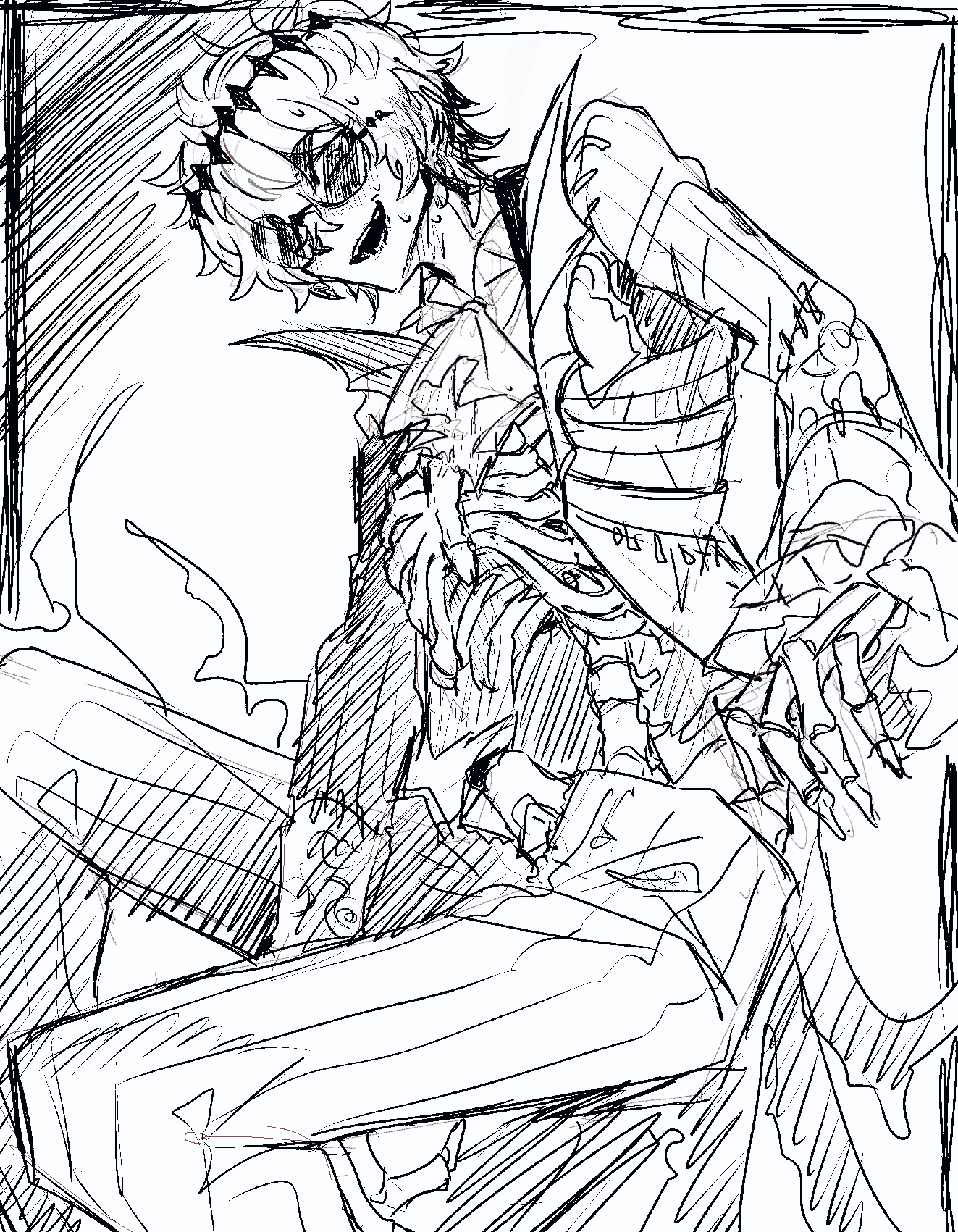 1boy ascot coat commentary_request exposed_bone fuji_den_fujiko greyscale highres looking_at_viewer male_focus missing_tooth monochrome ribs round_eyewear short_hair skully_j._graves solo sunglasses twisted_wonderland