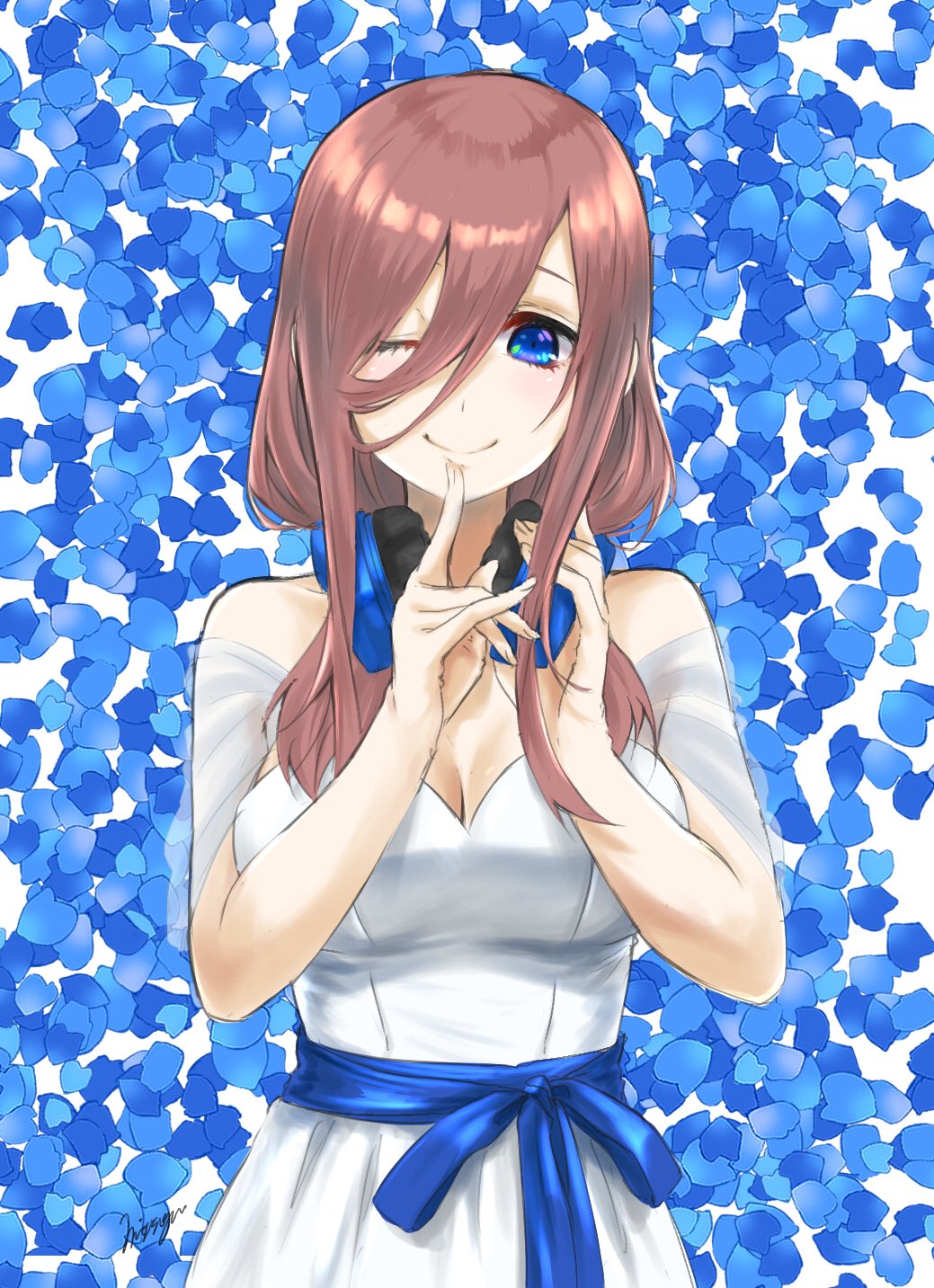 1girl blue_eyes breasts brown_hair cleavage closed_mouth dress female_focus go-toubun_no_hanayome hair_between_eyes headphones headphones_around_neck highres looking_at_viewer medium_breasts medium_hair mitsugu nakano_miku one_eye_closed smile solo upper_body white_dress