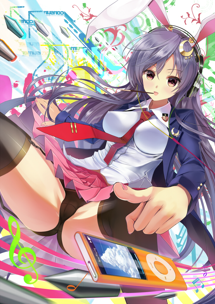 1girl akabane_(zebrasmise) animal_ears arrow_(symbol) bad_id bad_pixiv_id between_breasts black_panties black_thighhighs blazer breasts bullet buttons crescent digital_media_player female_focus food foreshortening garter_straps headphones impossible_clothes impossible_shirt ipod ipod_nano ipod_nano_4g jacket long_hair musical_note nail_polish necktie panties pink_nails pocky pointing product_placement purple_hair rabbit_ears red_eyes red_necktie reisen_udongein_inaba shirt smile solo spread_legs thighhighs touhou treble_clef underwear