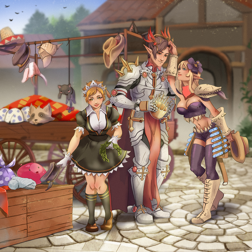 1boy 2girls :3 armor armored_boots black_cat black_dress black_socks blonde_hair blue_eyes blue_sky blush boots breastplate breasts brown_eyes brown_hair brown_hat brown_shoes cape cat cleavage closed_mouth cobblestone commentary commission deerstalker dress english_commentary flower full_body gauntlets gloves hair_flower hair_ornament hat kafra_uniform leg_armor lillkun long_hair looking_at_another medium_breasts multiple_girls outdoors pauldrons peaked_cap pointy_ears poring purple_flower purple_shorts purple_thighhighs purple_tube_top ragnarok_online ragnarok_online_2:_legend_of_the_second red_cape red_tabard rune_knight_(ragnarok_online) selphy_(ragnarok_online_2) shoes short_hair shorts shoulder_armor sky slime_(creature) smile socks sombrero spiked_pauldrons strapless tabard thighhighs tree tube_top white_gloves