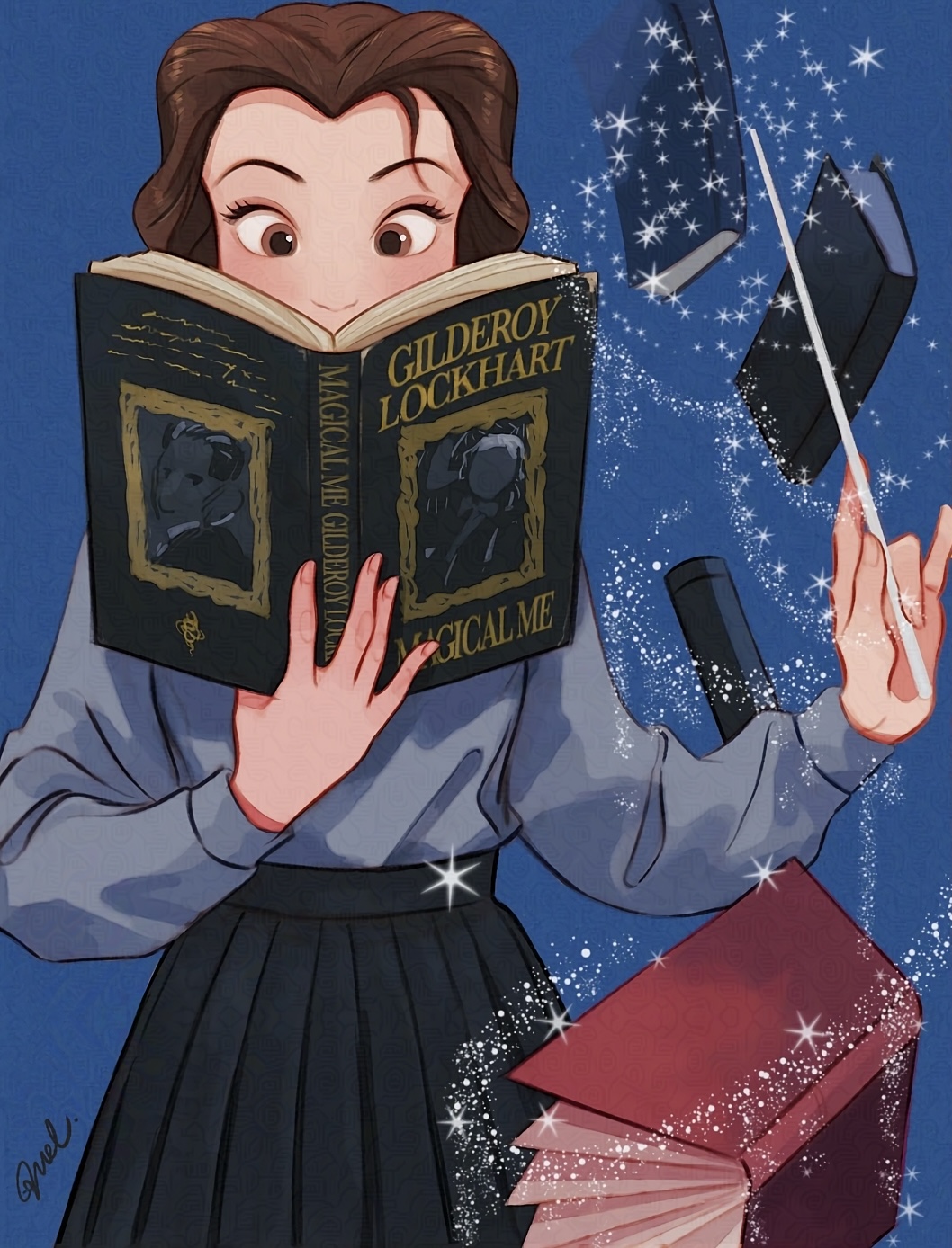 1girl alternate_costume beauty_and_the_beast belle_(disney) black_skirt blue_background book brown_eyes brown_hair grey_shirt highres holding holding_book holding_wand melchencanto open_book pleated_skirt shirt signature simple_background skirt solo wand