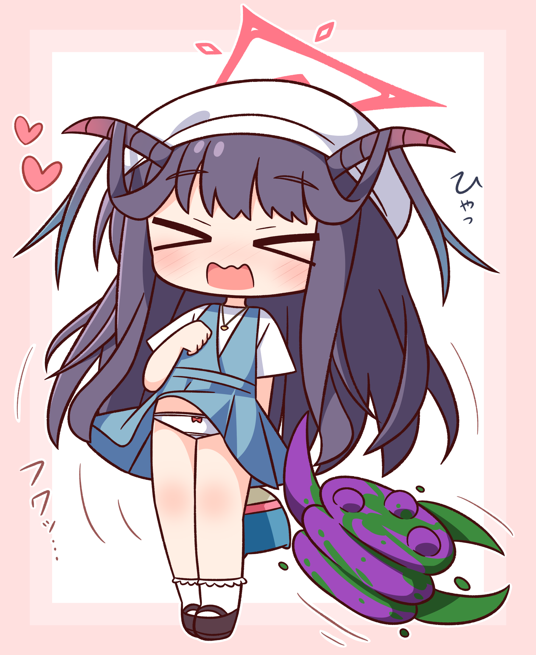 >_< 1girl bag beret black_hair black_shoes blue_archive blue_dress blush border bow bow_panties chibi closed_eyes clothes_lift dress dress_lift facing_viewer full_body fuuka_(blue_archive) fuuka_(casual)_(blue_archive) halo hana_kazari hand_up hat heart highres horns long_hair nose_blush open_mouth panties pink_border pleated_dress shirt shoes short_sleeves sleeveless sleeveless_dress socks solo standing translation_request underwear very_long_hair wavy_mouth white_background white_hat white_panties white_shirt white_socks