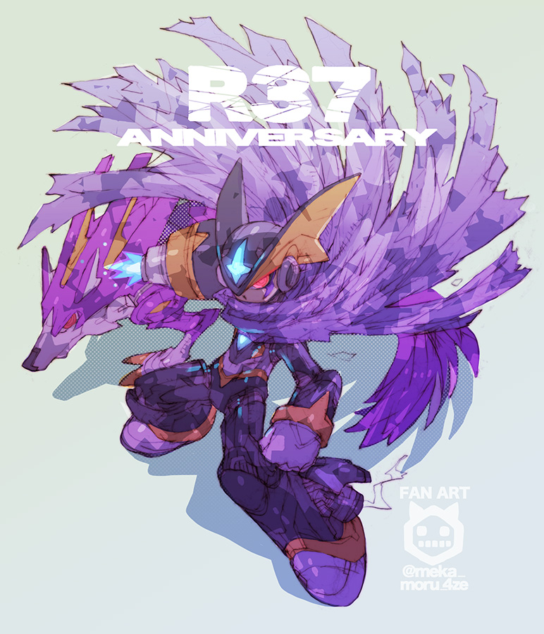 1boy anniversary arm_cannon bass_(mega_man) black_helmet chest_jewel clenched_hand cloak english_text forehead_jewel helmet mega_man_(classic) mega_man_(series) nakayama_tooru non-humanoid_robot purple_cloak red_eyes robot robot_dragon solo_focus treble_(mega_man) watermark weapon