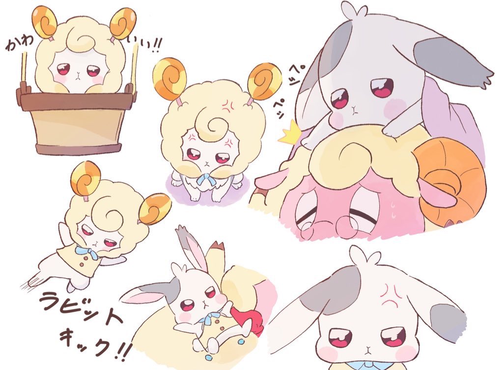 2boys anger_vein basket blush_stickers commentary_request daifuku_(precure) expressionless flying_kick horns in_basket in_container kicking mehmeh_(wonderful_precure!) multiple_boys precure rabbit red_eyes sheep sheep_horns sora_ra27 translation_request white_fur wonderful_precure! wool