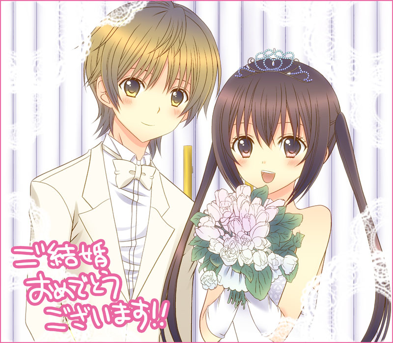 1boy 1girl :d bad_id bad_pixiv_id bare_shoulders beige_bow beige_bowtie beige_jacket blonde_hair blush border bouquet bow bowtie brown_eyes brown_hair collared_shirt couple dress elbow_gloves flower fujioka_(minami-ke) gloves hetero holding holding_flower long_hair looking_at_viewer minami-ke minami_kana open_mouth pink_border shirt short_hair short_hair_with_long_locks smile teeth text_focus tiara translation_request twintails wedding_dress white_flower white_gloves white_shirt yuubararin