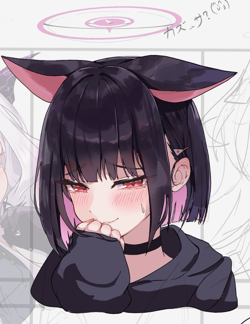 animal_ears black_choker black_hair blue_archive cat_ears choker colored_inner_animal_ears colored_inner_hair doodle_sensei_(blue_archive) extra_ears halo kazusa_(blue_archive) long_sleeves multicolored_hair nekoplanetouo pink_eyes pink_hair pink_halo sensei_(blue_archive) translation_request upper_body