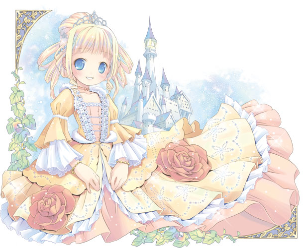 blonde_hair blue_eyes castle cinderella cinderella_(character) dress flower pop rose solo