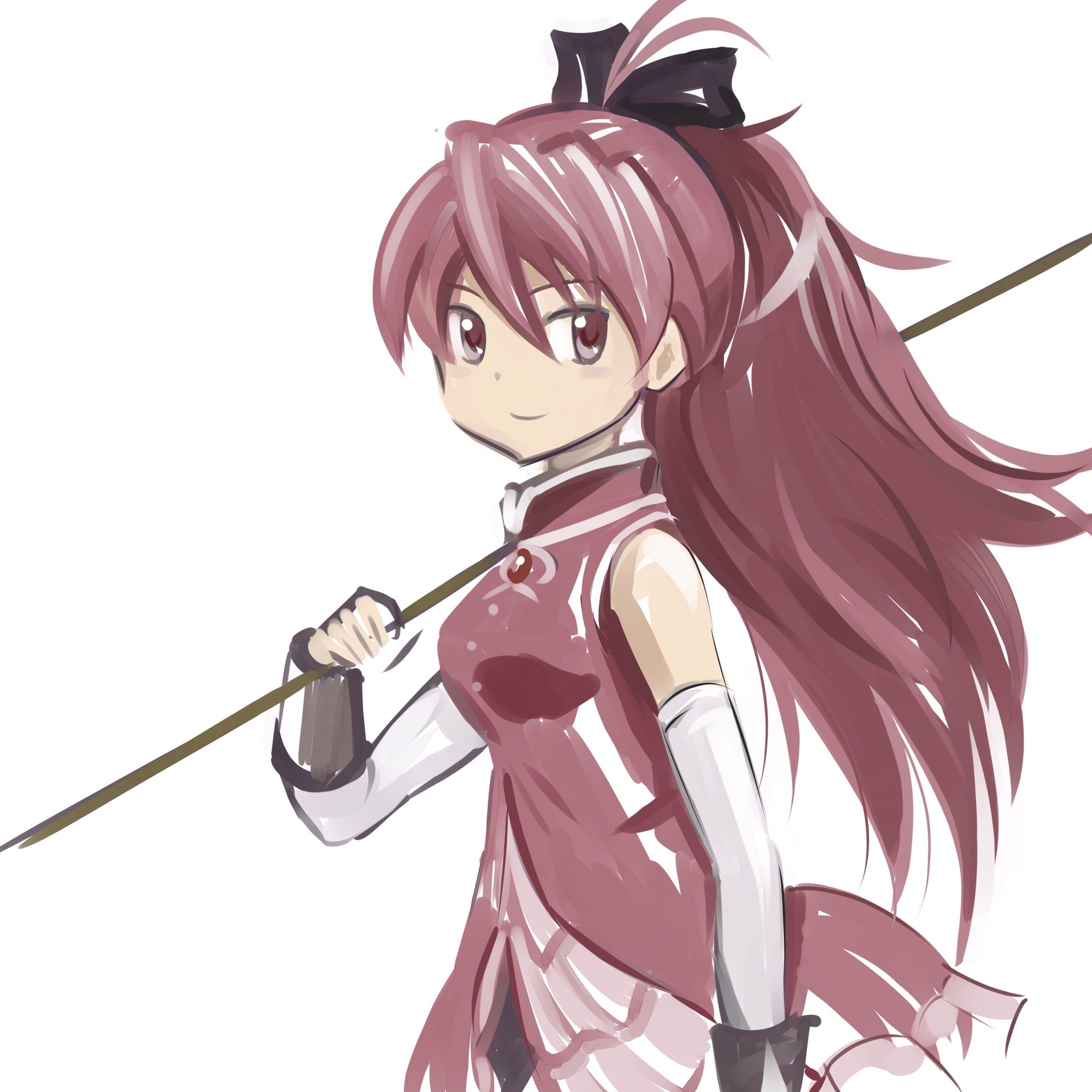 1girl ahoge arm_warmers bow bracer brown_eyes carrying_over_shoulder commentary_request female_focus hair_between_eyes hair_bow highres inoue_kousei long_hair looking_at_viewer mahou_shoujo_madoka_magica mahou_shoujo_madoka_magica_(anime) ponytail red_hair sakura_kyoko sakura_kyoko_(magical_girl) skirt sleeveless solo upper_body white_background