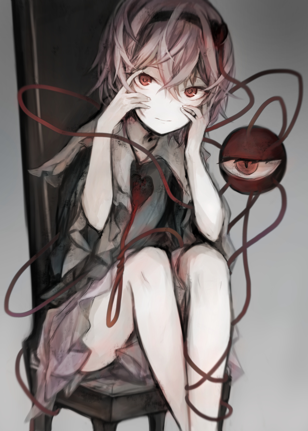 1girl :| bare_legs black_hairband blouse blue_shirt buttons chair closed_mouth commentary expressionless eyebrows_hidden_by_hair feet_out_of_frame frilled_shirt_collar frilled_sleeves frills gradient_background hair_between_eyes hair_ornament hairband hands_on_own_face hands_up hasunokaeru heart heart_button heart_hair_ornament highres komeiji_satori long_sleeves looking_at_viewer on_chair pink_hair pink_skirt red_eyes shirt short_hair simple_background sitting skirt solo third_eye touhou tsurime wide_sleeves