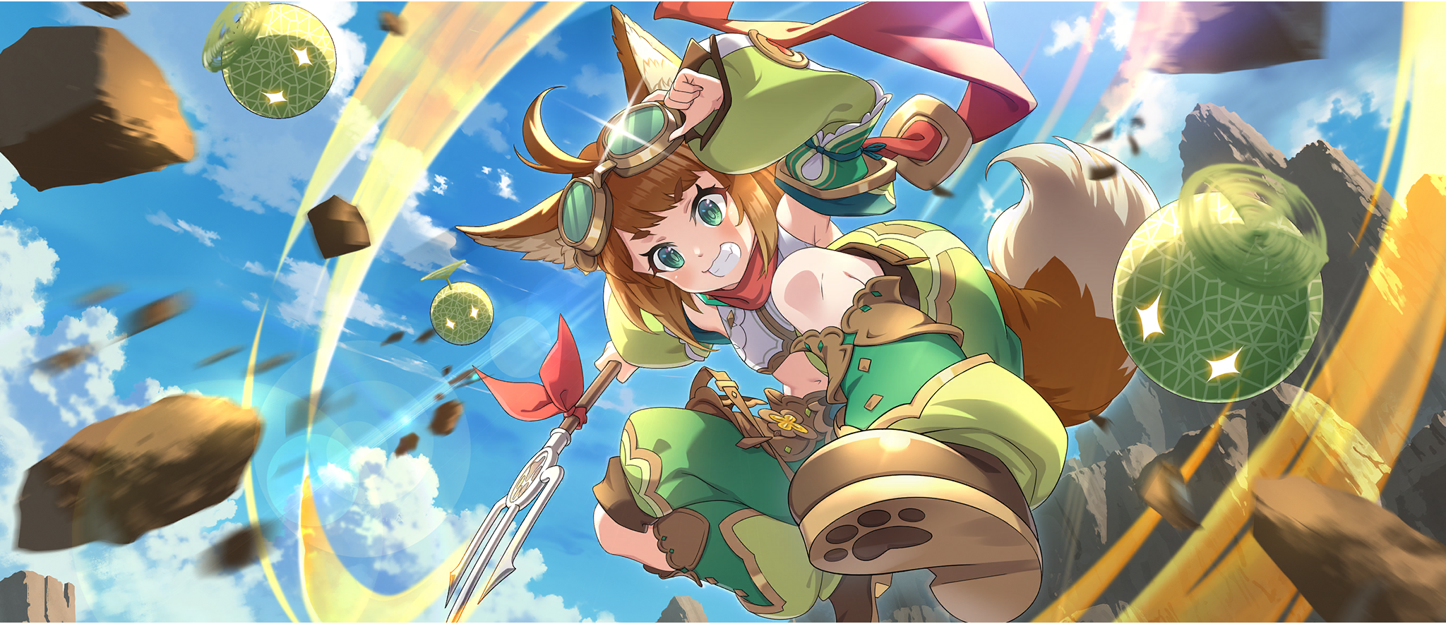 1girl ahoge animal_ear_fluff animal_ears arm_up armpit_crease bandana bandana_around_neck blue_sky brown_hair brown_shoes child clothing_cutout cloud cloudy_sky creature cropped_shirt day debris detached_sleeves falling fang food from_below fruit game_cg goggles goggles_on_head green_eyes green_pants green_sleeves grin highres holding holding_pitchfork holding_polearm holding_weapon knee_cutout kono_subarashii_sekai_ni_shukufuku_wo! konosuba!_fantastic_days light_blush long_sleeves looking_down medium_hair melon midair midriff miia_(konosuba) navel official_alternate_costume official_art outdoors outstretched_arm pants pitchfork polearm red_bandana shade shirt shoes sidelocks sky sleeveless sleeveless_shirt smile solo sunlight swept_bangs tail weapon white_shirt