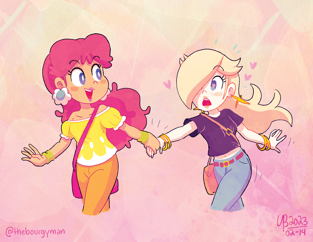 2girls bag blonde_hair blue_eyes blush breasts brown_hair comic earrings flower_earrings grin hair_over_one_eye handbag heart holding_hands jewelry lipstick long_hair looking_at_another makeup mario_(series) multiple_girls navel nintendo open_mouth princess_daisy puffy_short_sleeves puffy_sleeves rosalina short_sleeves small_breasts smile spoken_heart super_mario_galaxy super_mario_land thebourgyman walking yuri