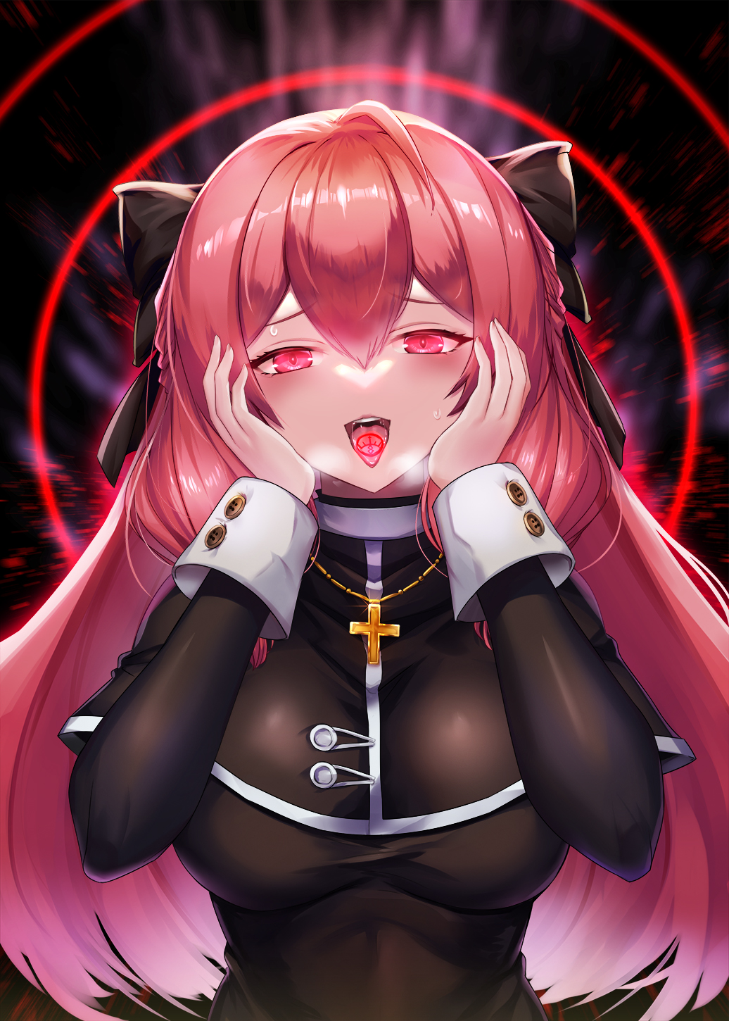 1girl black_capelet black_dress black_ribbon blush breasts brown_dust_(series) brown_dust_2 capelet cross cross_necklace dress dtcy glowing glowing_eyes hair_between_eyes hair_ribbon halo hands_on_own_chin heavy_breathing highres jewelry large_breasts liberta_(brown_dust_2) liberta_(dark_saintess)_(brown_dust_2) lipstick long_hair looking_at_viewer makeup necklace nun open_mouth pink_eyes pink_hair red_halo ribbon saliva smile solo sweat tongue tongue_out tongue_tattoo upper_body very_long_hair white_wrist_cuffs wrist_cuffs