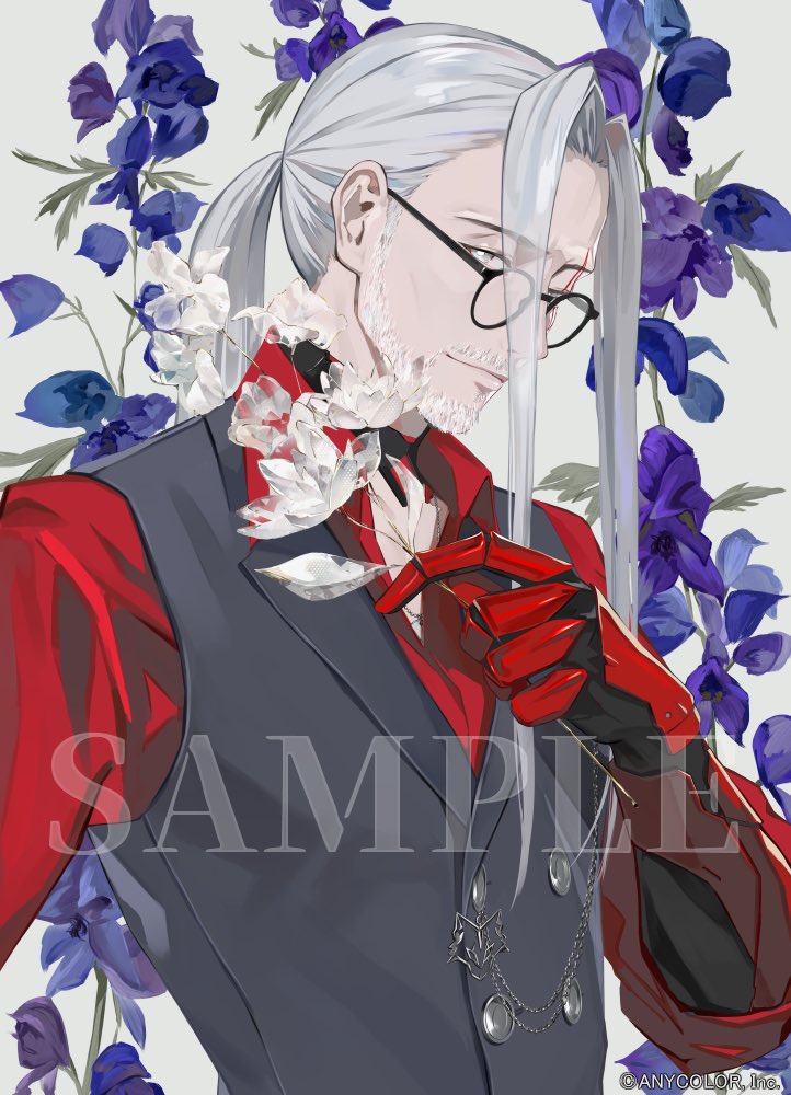 1boy beard black-framed_eyewear buttons chain closed_mouth collared_shirt commentary commentary_request company_name copyright_notice double-breasted english_commentary facial_hair facial_tattoo flower fulgur_ovid fulgur_ovid_(3rd_costume) glasses grey_background grey_eyes grey_hair grey_vest hand_up holding lam_(ramdayo) long_hair looking_at_viewer male_focus mature_male mechanical_arms mixed-language_commentary nijisanji nijisanji_en official_alternate_costume official_art ponytail purple_flower red_shirt sample_watermark shirt smile solo tattoo upper_body vest virtual_youtuber watermark white_flower