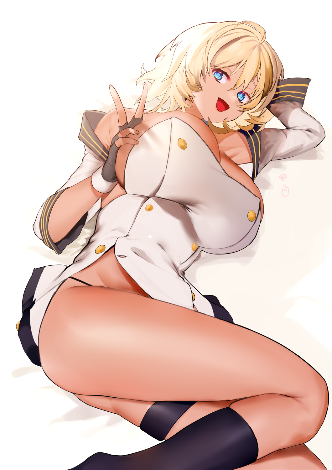 aiushi_(lovecowjp) azur_lane black_socks blonde_hair blue_eyes boots breasts buttons california_(azur_lane) cleavage detached_sleeves double-breasted dress feet_out_of_frame fingerless_gloves gloves highres kneehighs large_breasts lying microdress military military_uniform naval_uniform on_bed on_side open_mouth short_hair socks solo strapless strapless_dress thigh_strap thong v white_dress