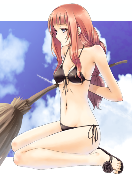 1girl bikini black_bikini blue_eyes braid broom cloud crote day female_focus front-tie_top full_body long_hair orange_hair original sandals side-tie_bikini_bottom sitting sky solo string_bikini swimsuit